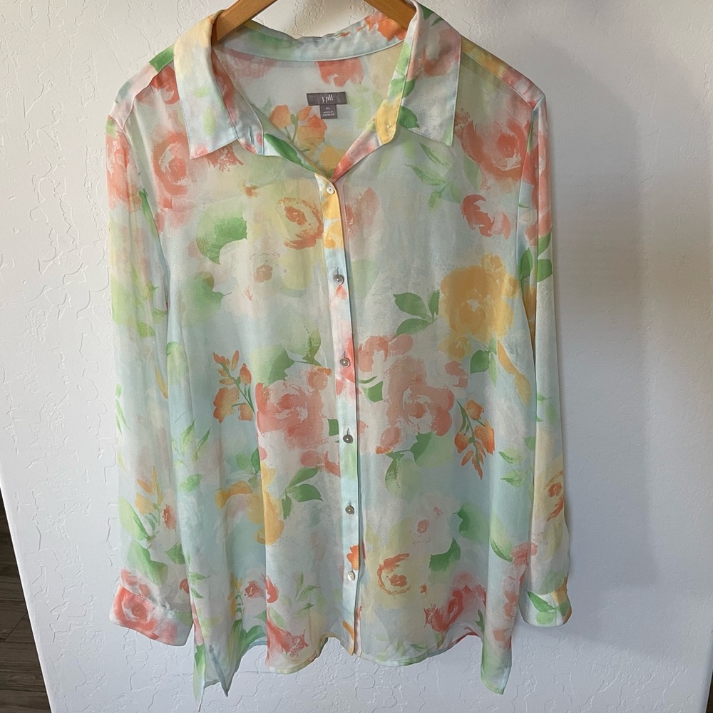 J Jill women’s Long sleeve sheer floral top, size XL—Beautiful Print•••